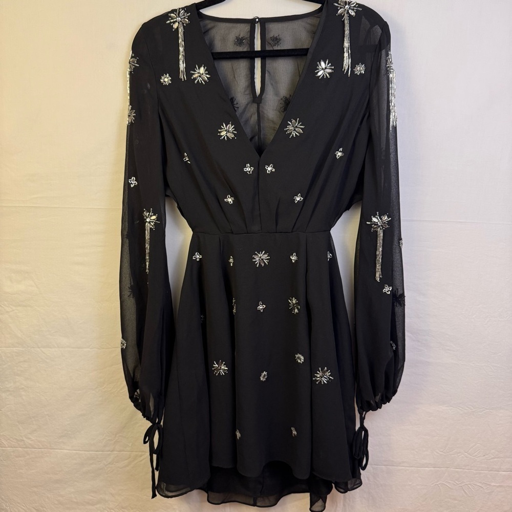 NWT ASOS Black long-sleeved mini dress with silver embellishments Women’s Size 8